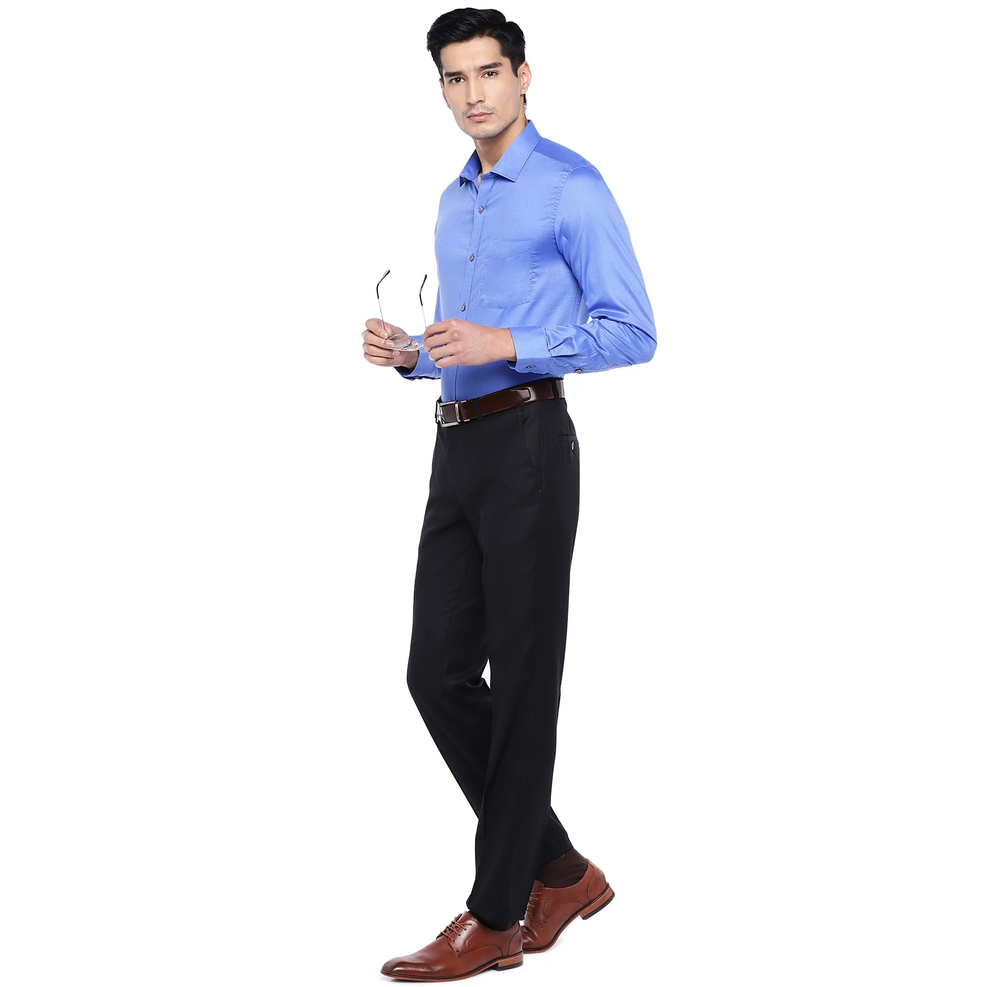 Sky Blue Cotton Solid Slim Fit Shirts