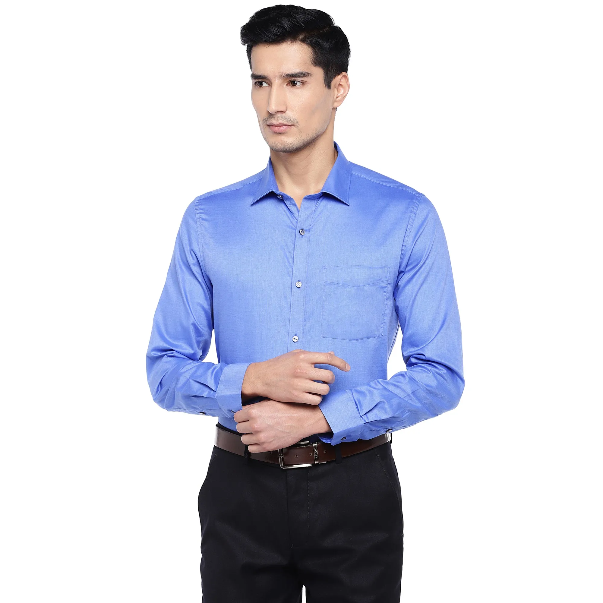 Sky Blue Cotton Solid Slim Fit Shirts