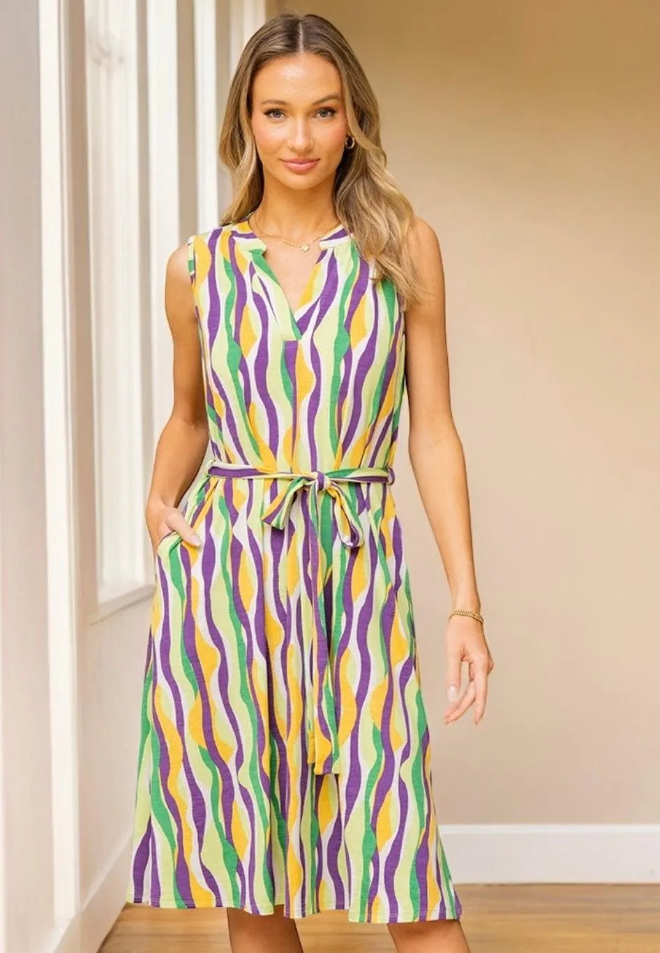 Striped Waist Tie Sleeveless Dress