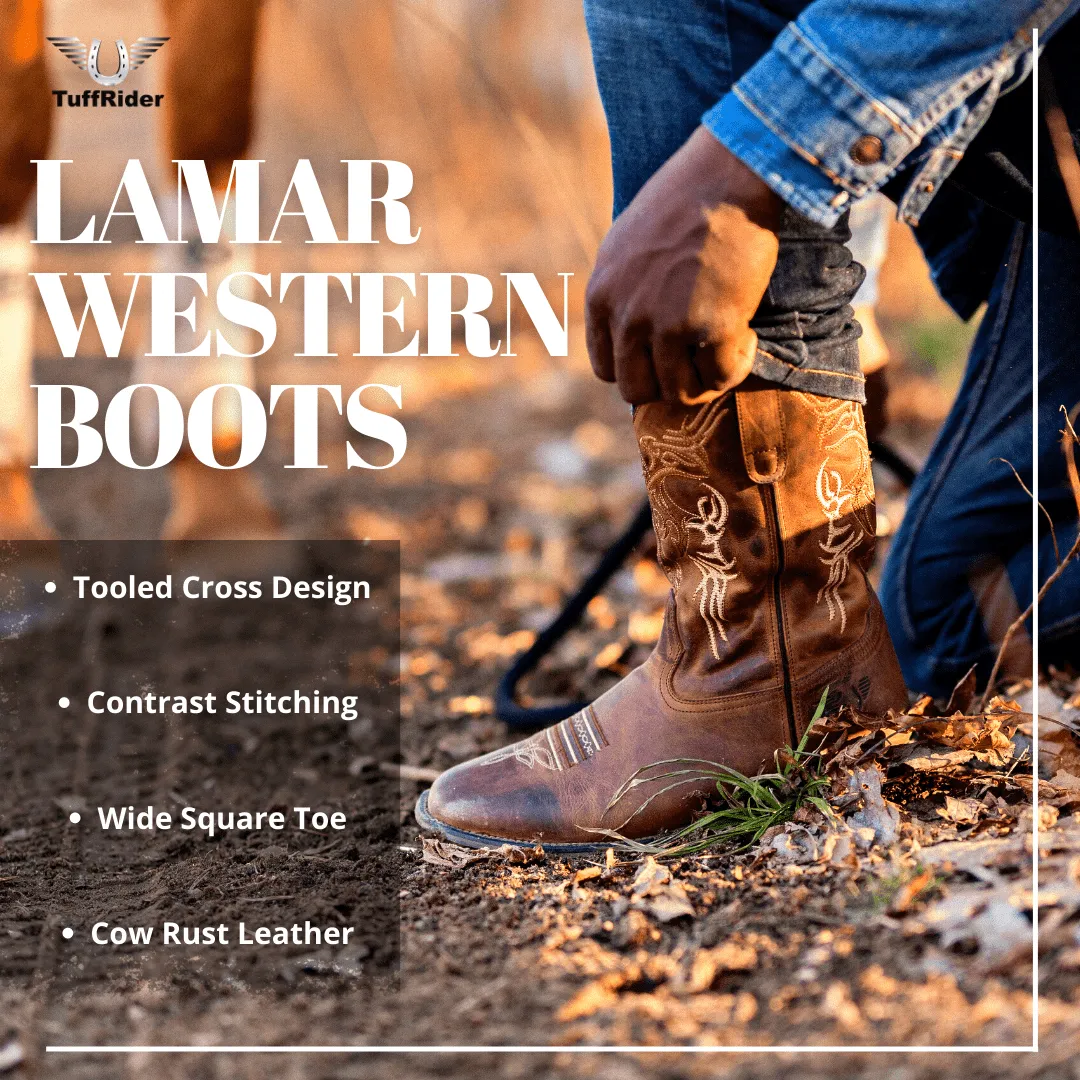 TuffRider Men's Lamar Leather Contrast Stitched Wide Square Toe Western Boots