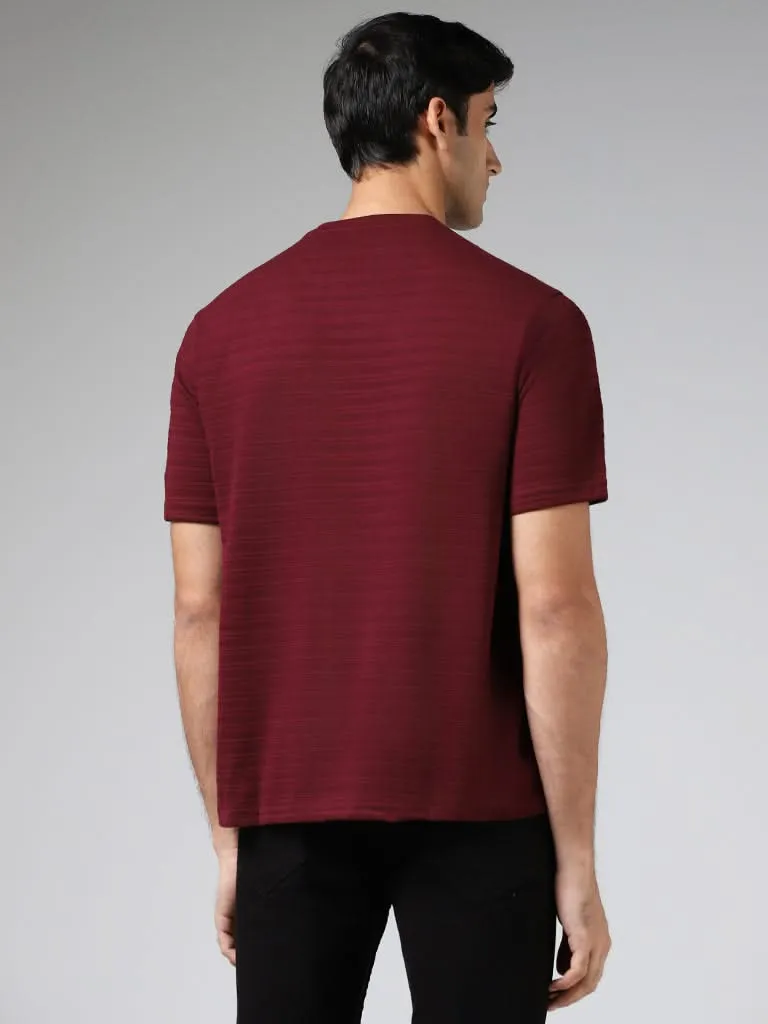 WES Lounge Burgundy Self-Striped Cotton Blend Relaxed-Fit T-Shirt