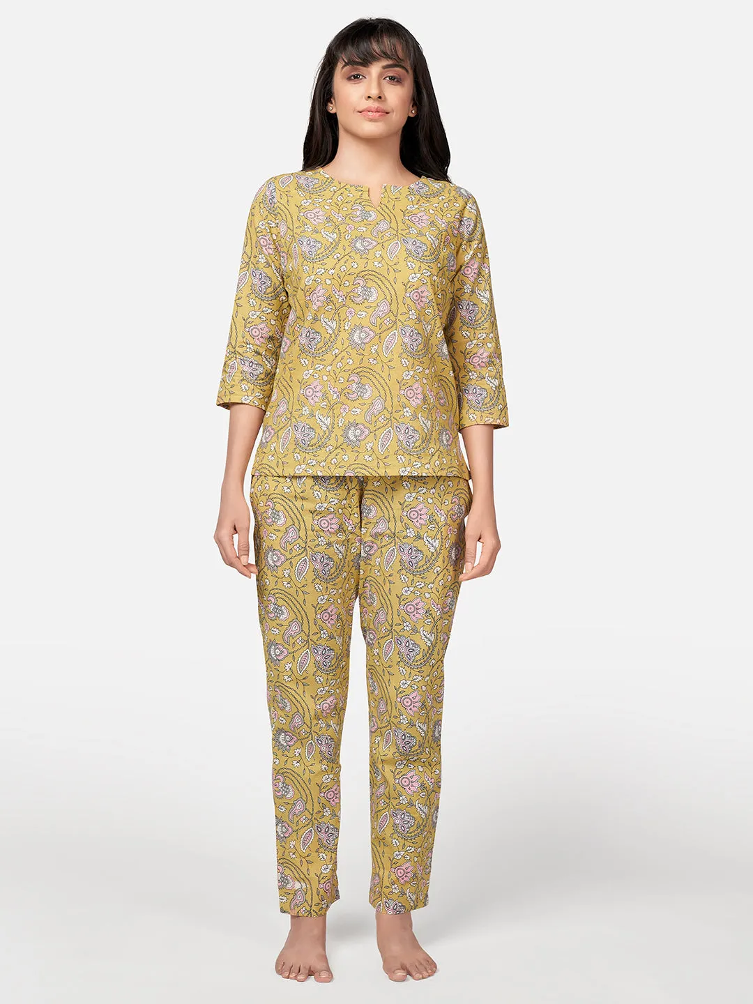 Women'S Floral Print  Cotton Yellow Night Suit Set