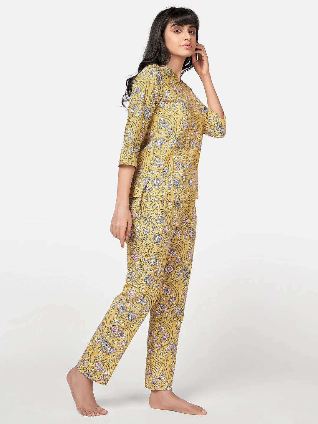 Women'S Floral Print  Cotton Yellow Night Suit Set