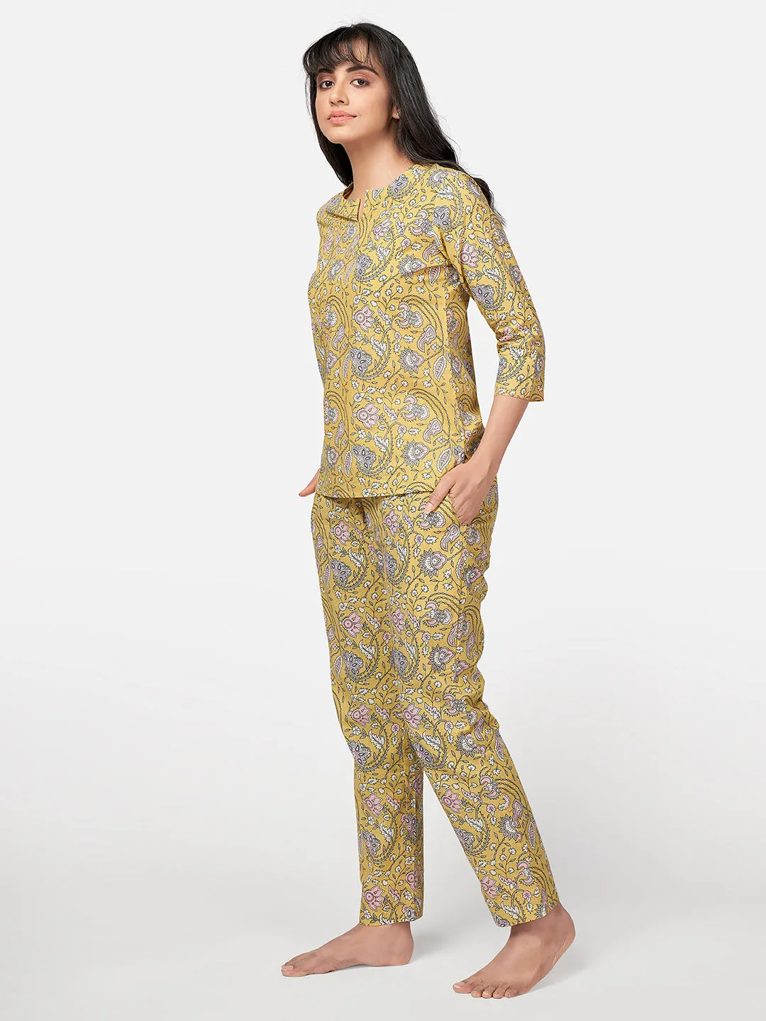 Women'S Floral Print  Cotton Yellow Night Suit Set