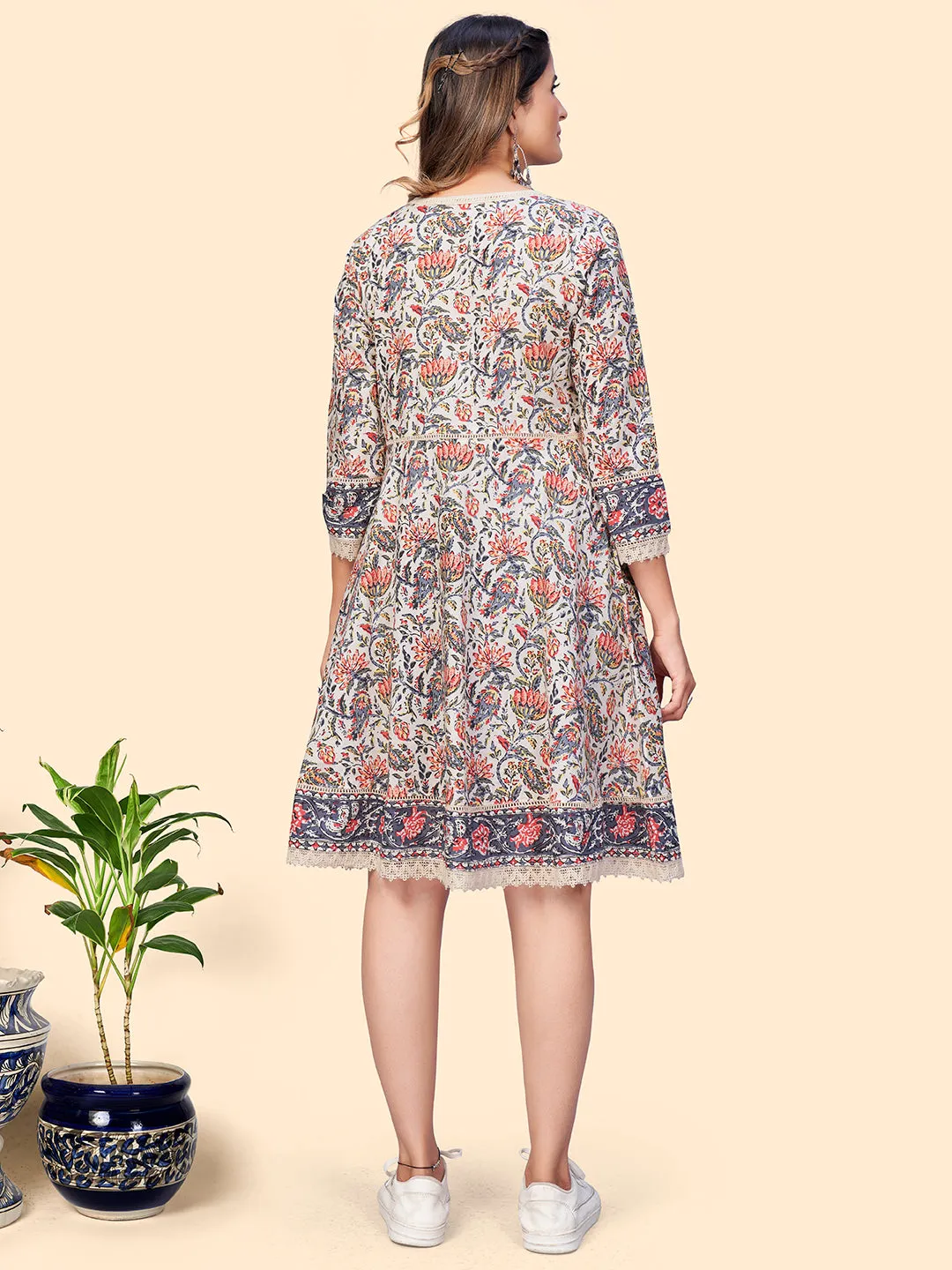 Women'S Floral Print Flared Cotton Beige Stitched Dress