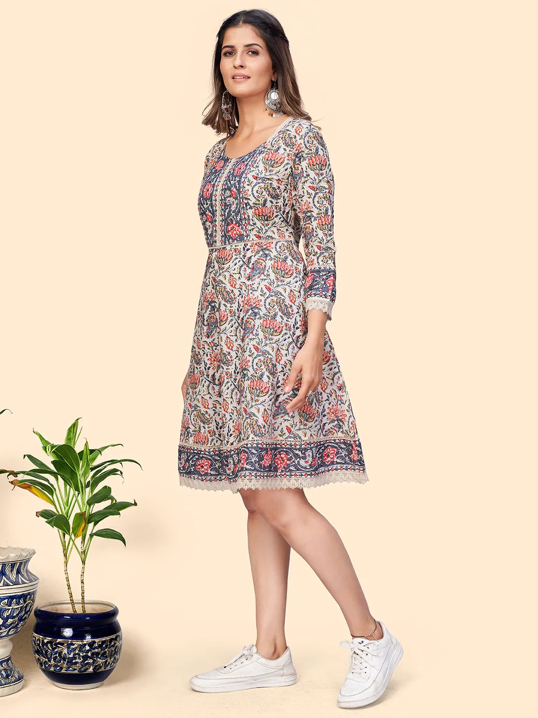 Women'S Floral Print Flared Cotton Beige Stitched Dress