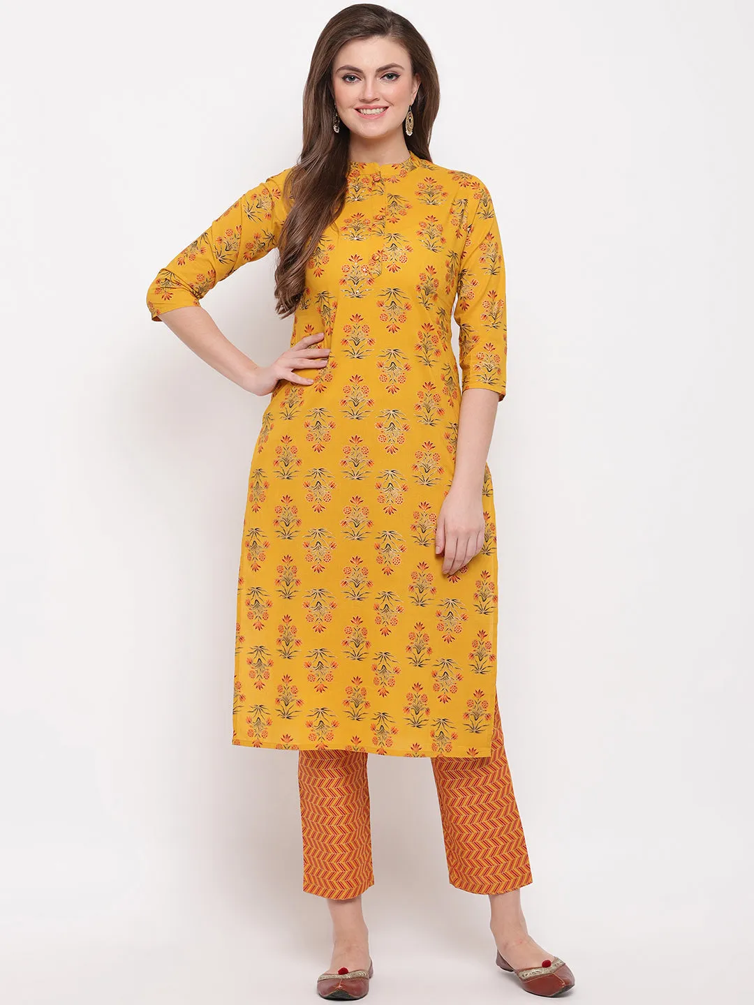 Women'S Foil Print & Hand Work Straight Cotton Yellow Kurti