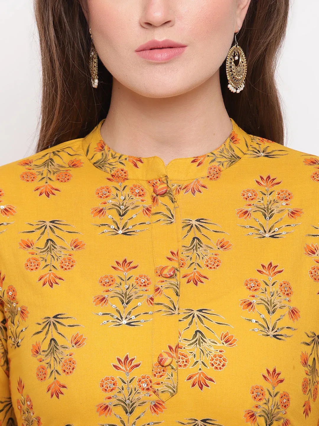 Women'S Foil Print & Hand Work Straight Cotton Yellow Kurti