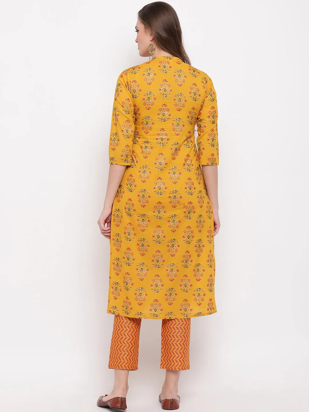 Women'S Foil Print & Hand Work Straight Cotton Yellow Kurti