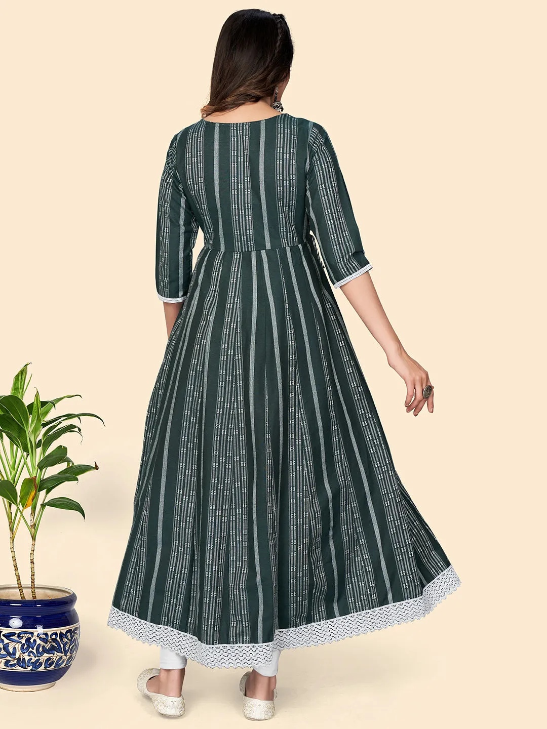 Women'S Print & Embroidered Anarkali Cotton Green Stitched Kurta