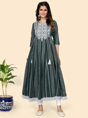 Women'S Print & Embroidered Anarkali Cotton Green Stitched Kurta