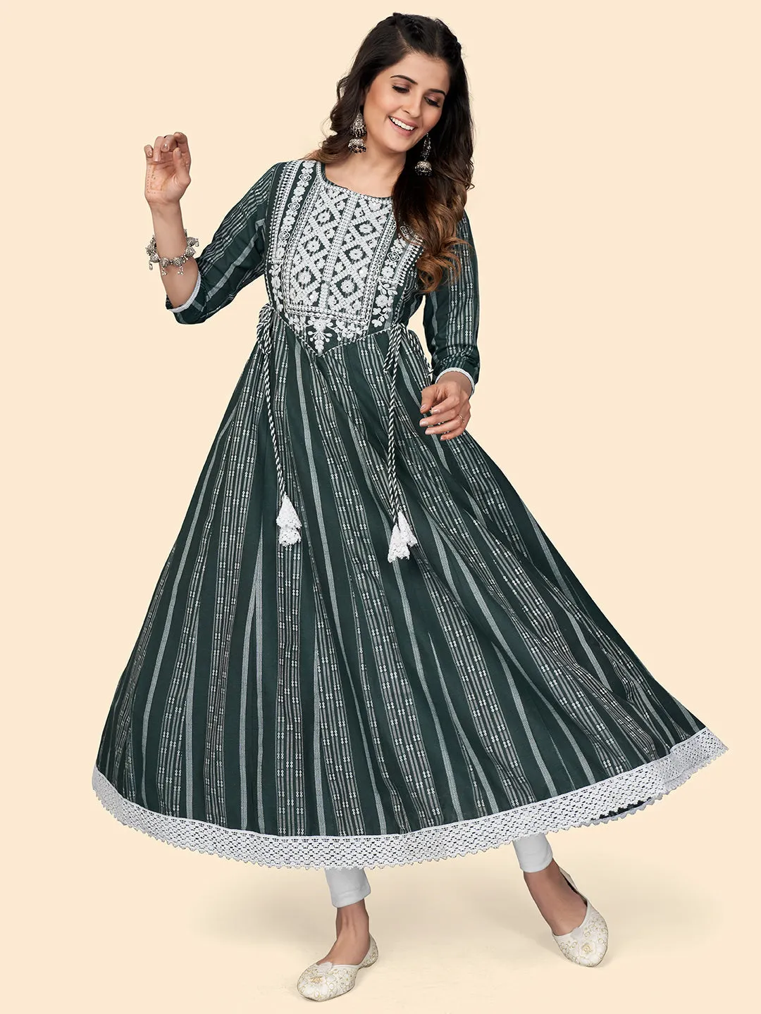 Women'S Print & Embroidered Anarkali Cotton Green Stitched Kurta