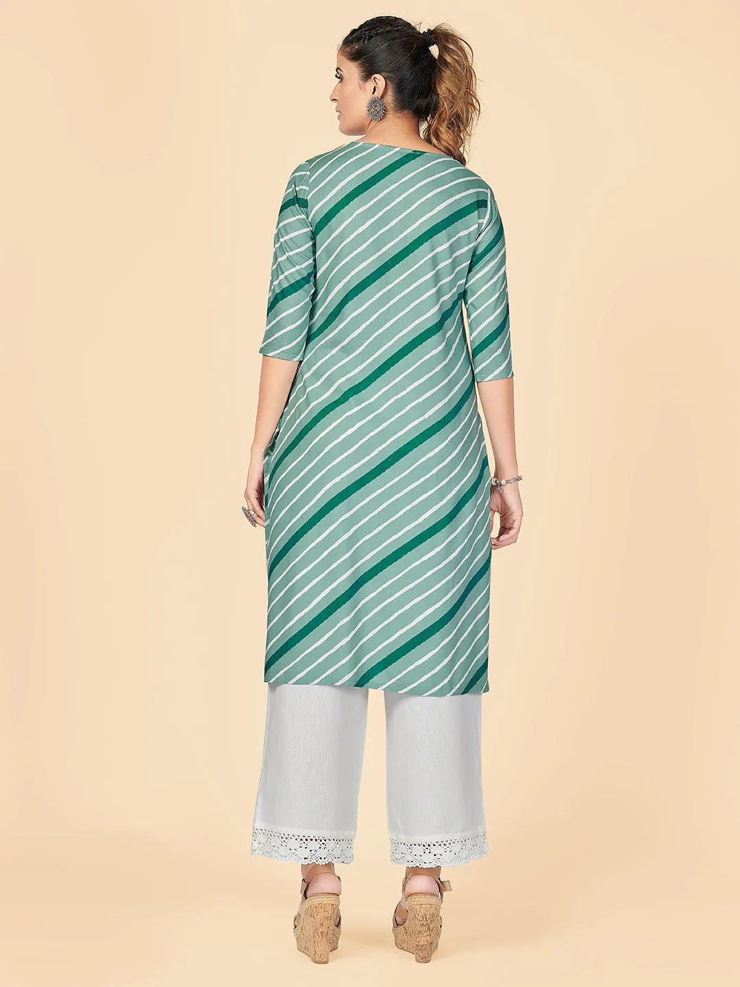 Women'S Stripe Print Straight Rayon See Green Stitched Kurta