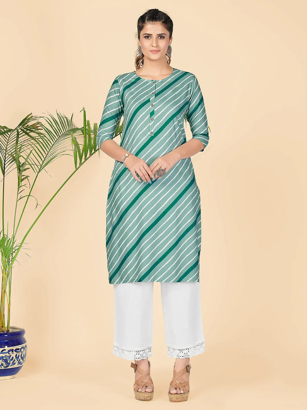 Women'S Stripe Print Straight Rayon See Green Stitched Kurta