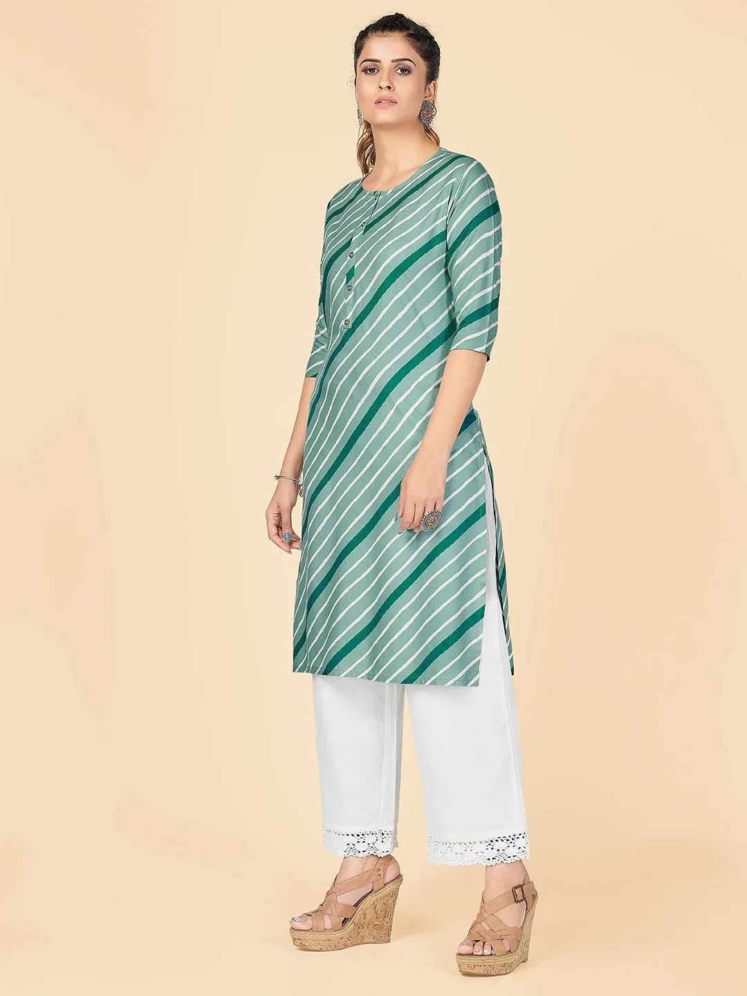 Women'S Stripe Print Straight Rayon See Green Stitched Kurta