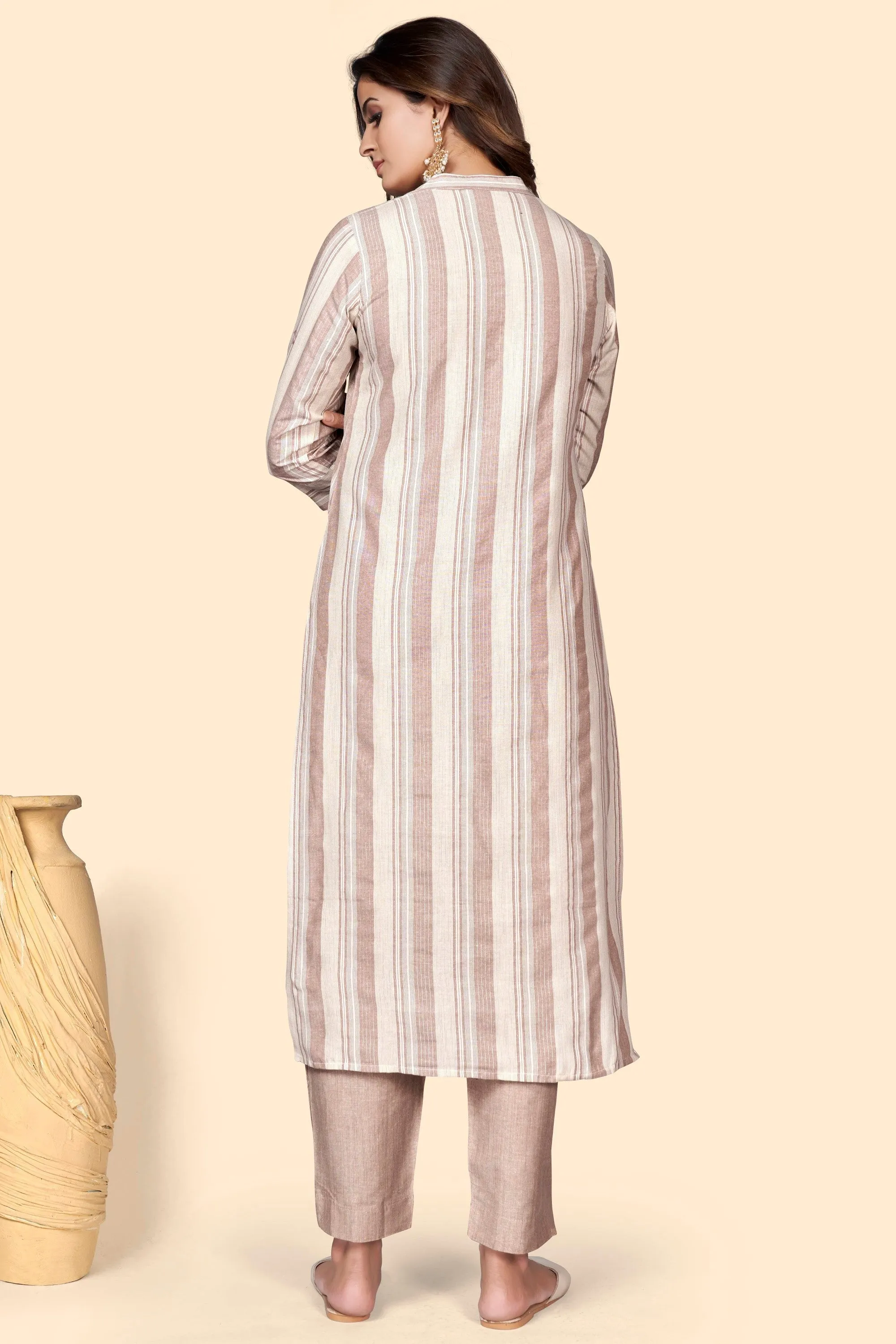 Women'S Striped Print Straight Cotton Blend Brown Stitched Kurta