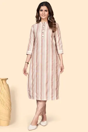 Women'S Striped Print Straight Cotton Blend Brown Stitched Kurta