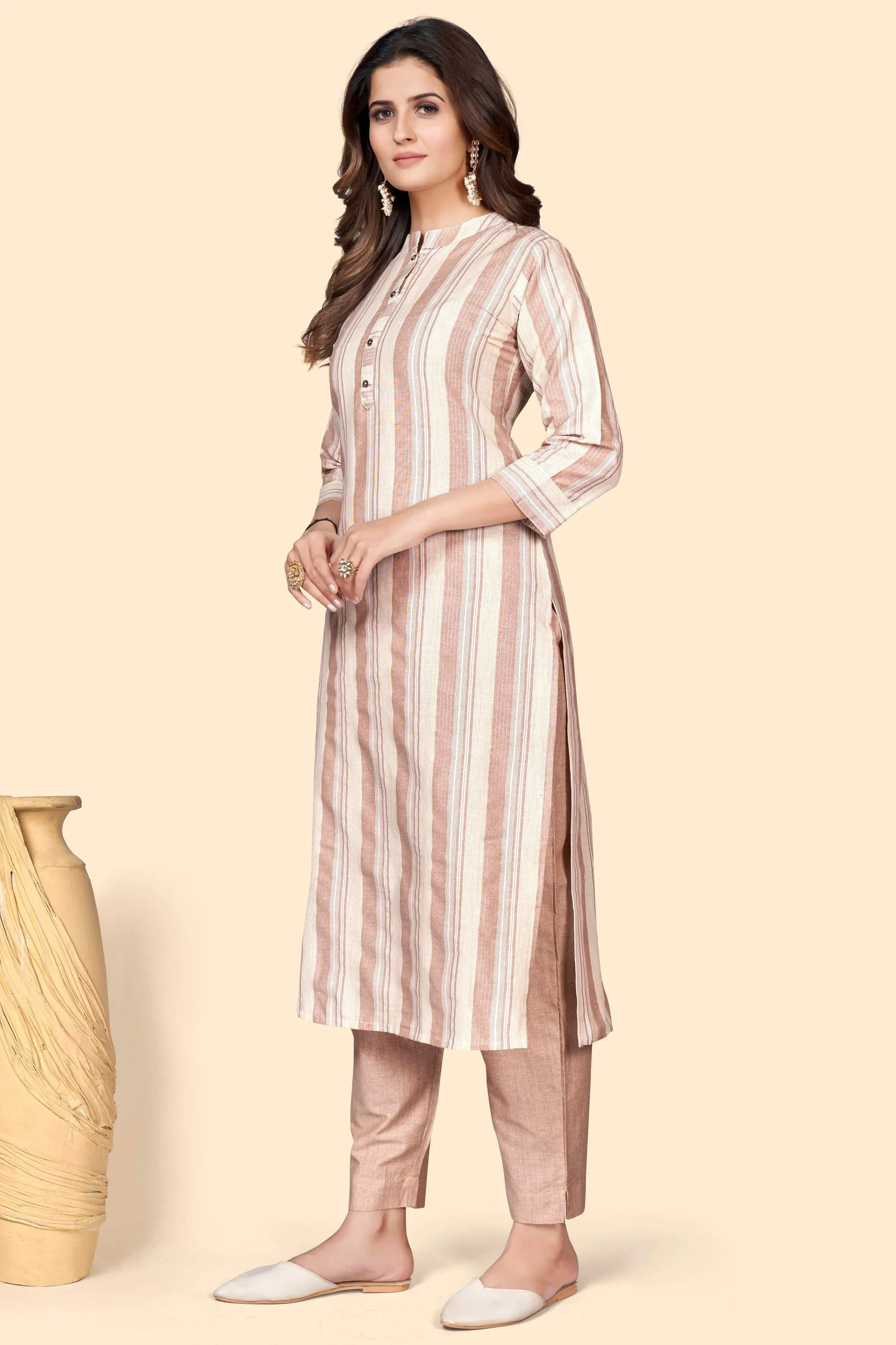 Women'S Striped Print Straight Cotton Blend Brown Stitched Kurta